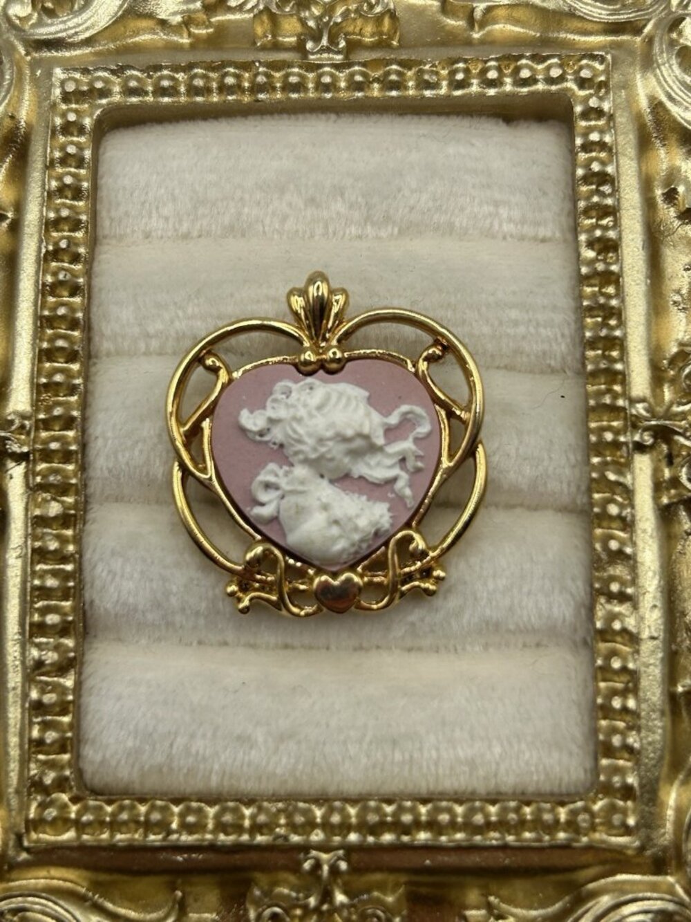 Vintage PMI Heart Cameo Pendant Pink White Victorian Revival Gold Tone Rare Gift